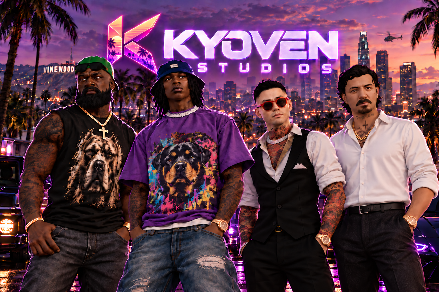 Four original characters in Los Santos with the KYOVEN Studios logo